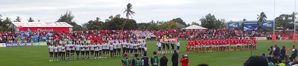 Fiji (left) and Tonga rugby teams during national anthems